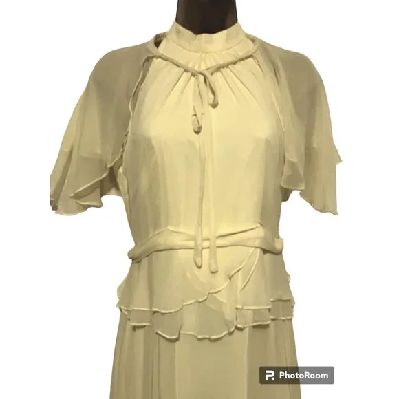 Vintage Formal Halter Dress S Maxi Removable Capelet Peplum Prom Wedding Easter - Picture 6 of 9